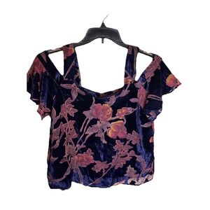Lucky Brand cold shoulder blouse XL Velvet blue Sheer flowers Womens swing top